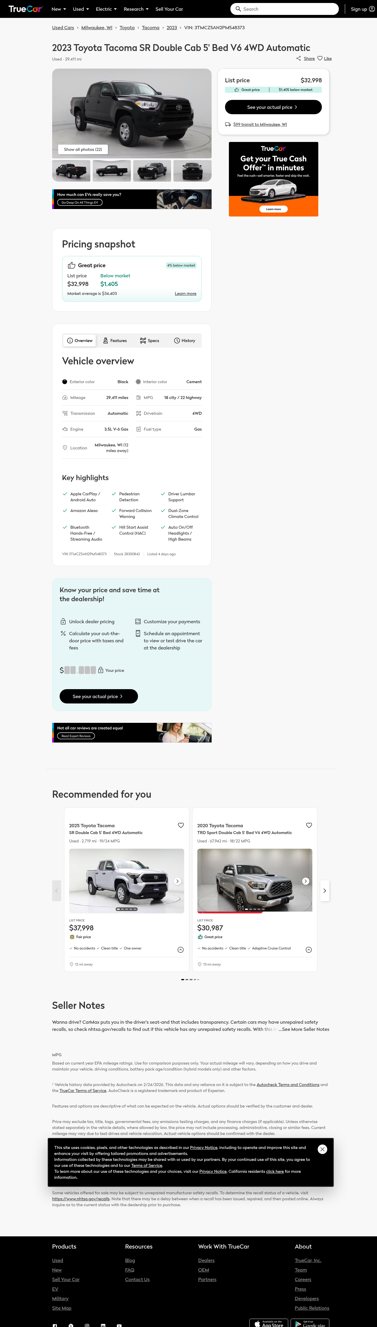 Screenshot of TrueCar listing VIN 3TMCZ5AN2PM548373