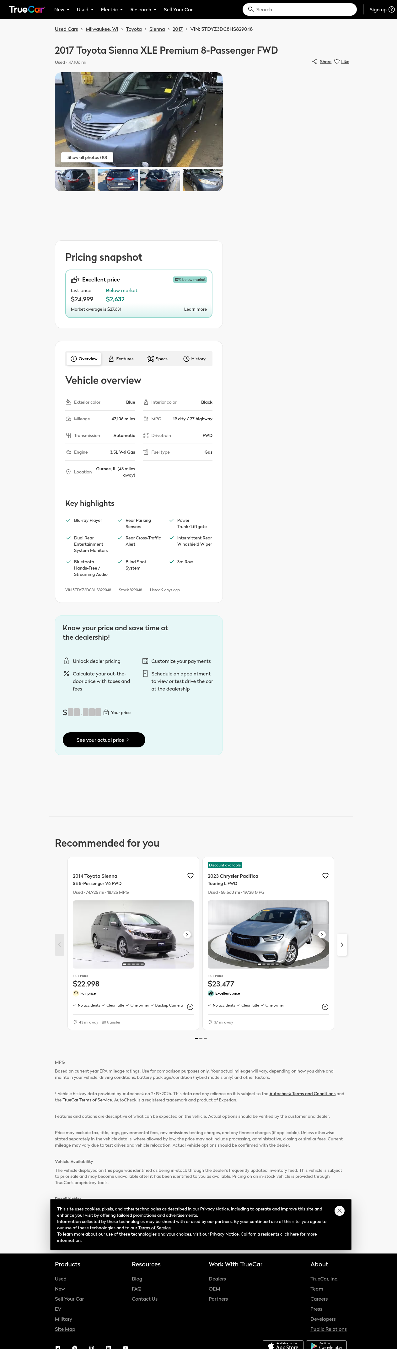 Screenshot of TrueCar listing VIN 5TDYZ3DC8HS829048